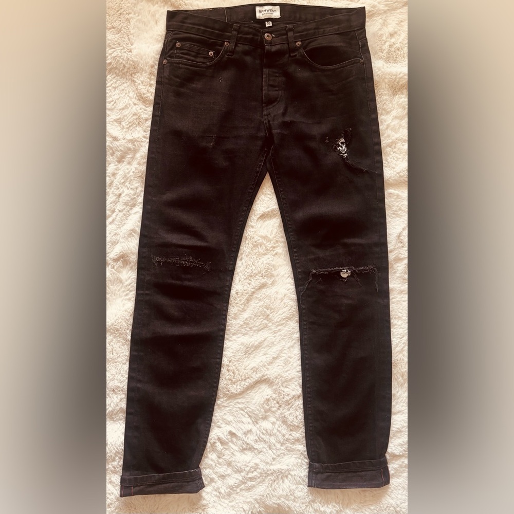 RPM WEST CUSTOM DISTRESSED BLACK SKULL SLIM STRAIGHT DENIM JEANS SIZE 30